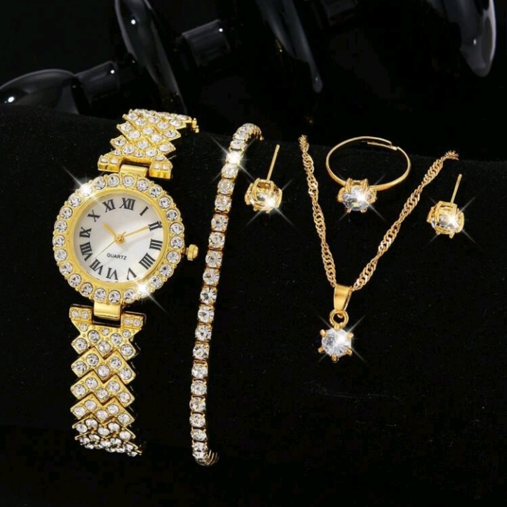 6pcs/set Gold-tone Women's Alloy Rhinestone Decor Steel Strap Quartz Watch